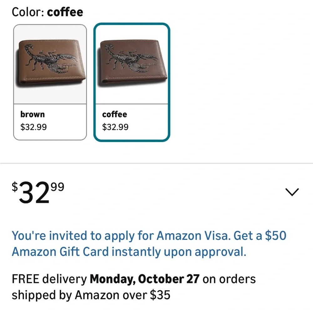 NEW $33 skneephate 100% Genuine Leather Men's Bifold Scorpion Wallet in 'coffee'